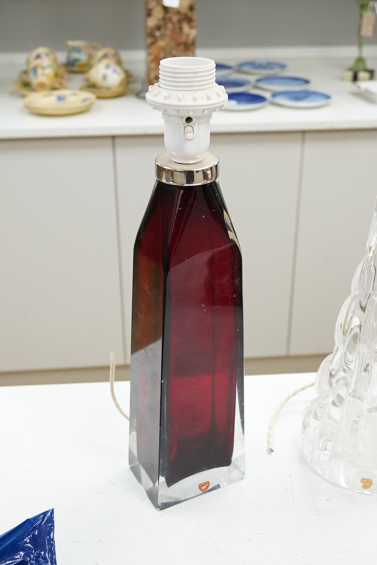 Two mid-century Orrefors glass table lamp bases, largest 49cm high including the fitting